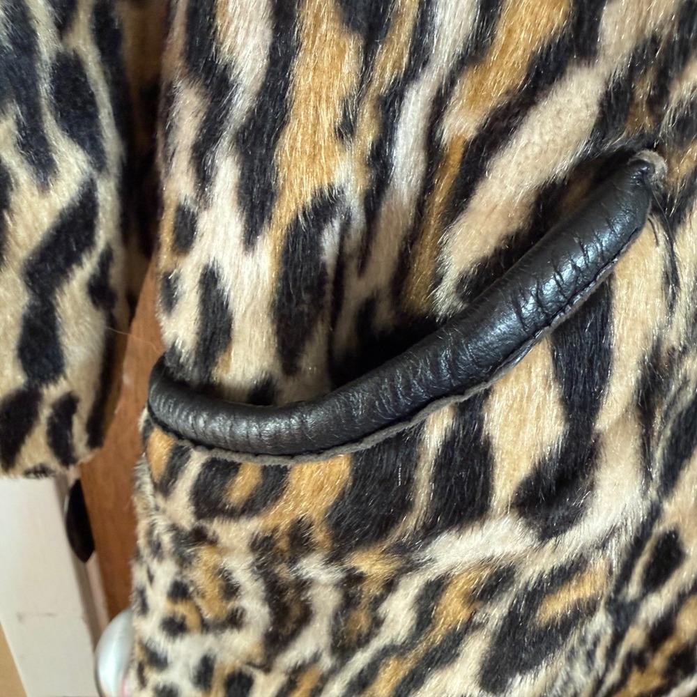 Vintage Safari Sportowne Leopard Faux‎ Fur Coat Double Breasted Animal Print L - Picture 14 of 16